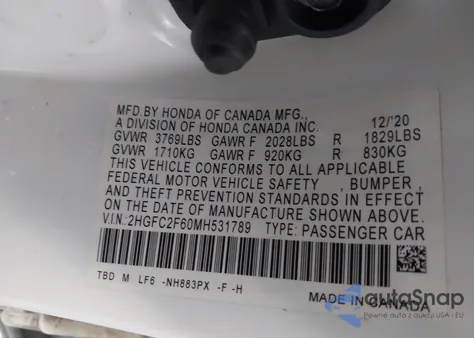 2021 Honda Civic Lx z USA, uszkodzony, nr VIN 2HGFC2F60MH531789